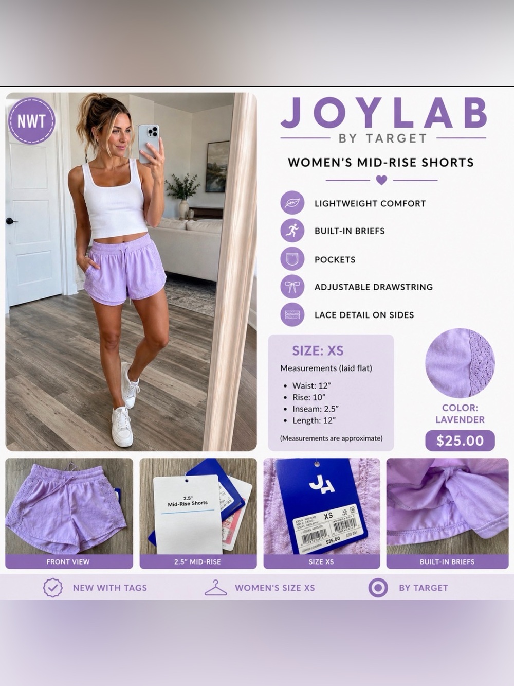 NWT JoyLab Lavender Mid-Rise Running Shorts with lace size XS